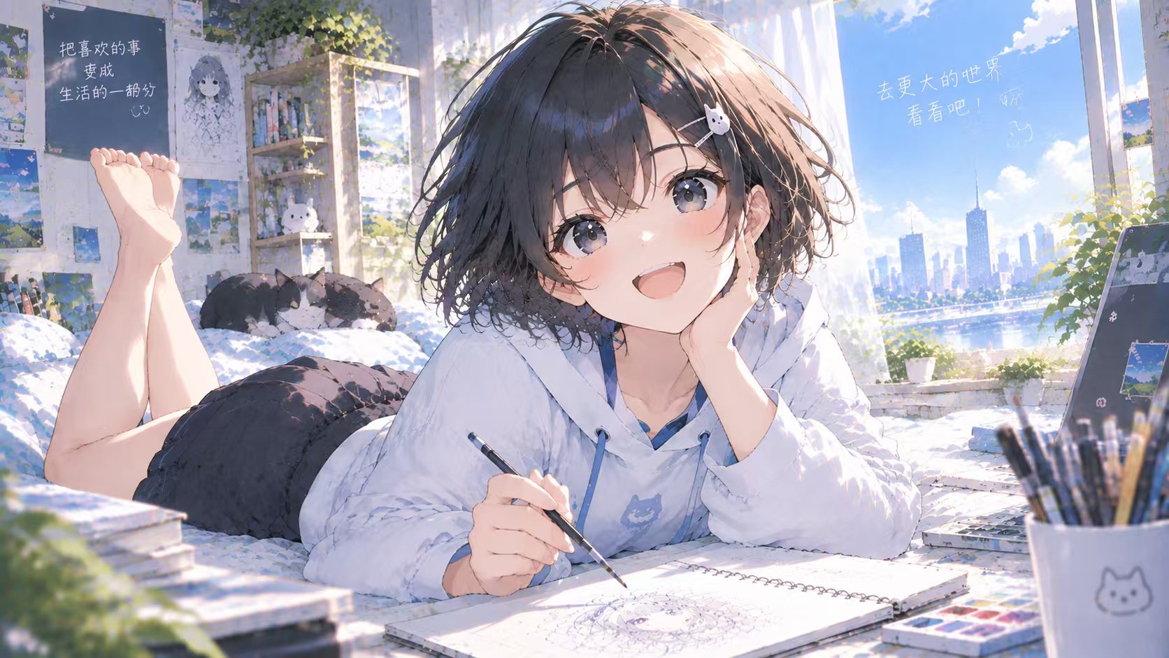 趴在床上画画的少女与猫咪